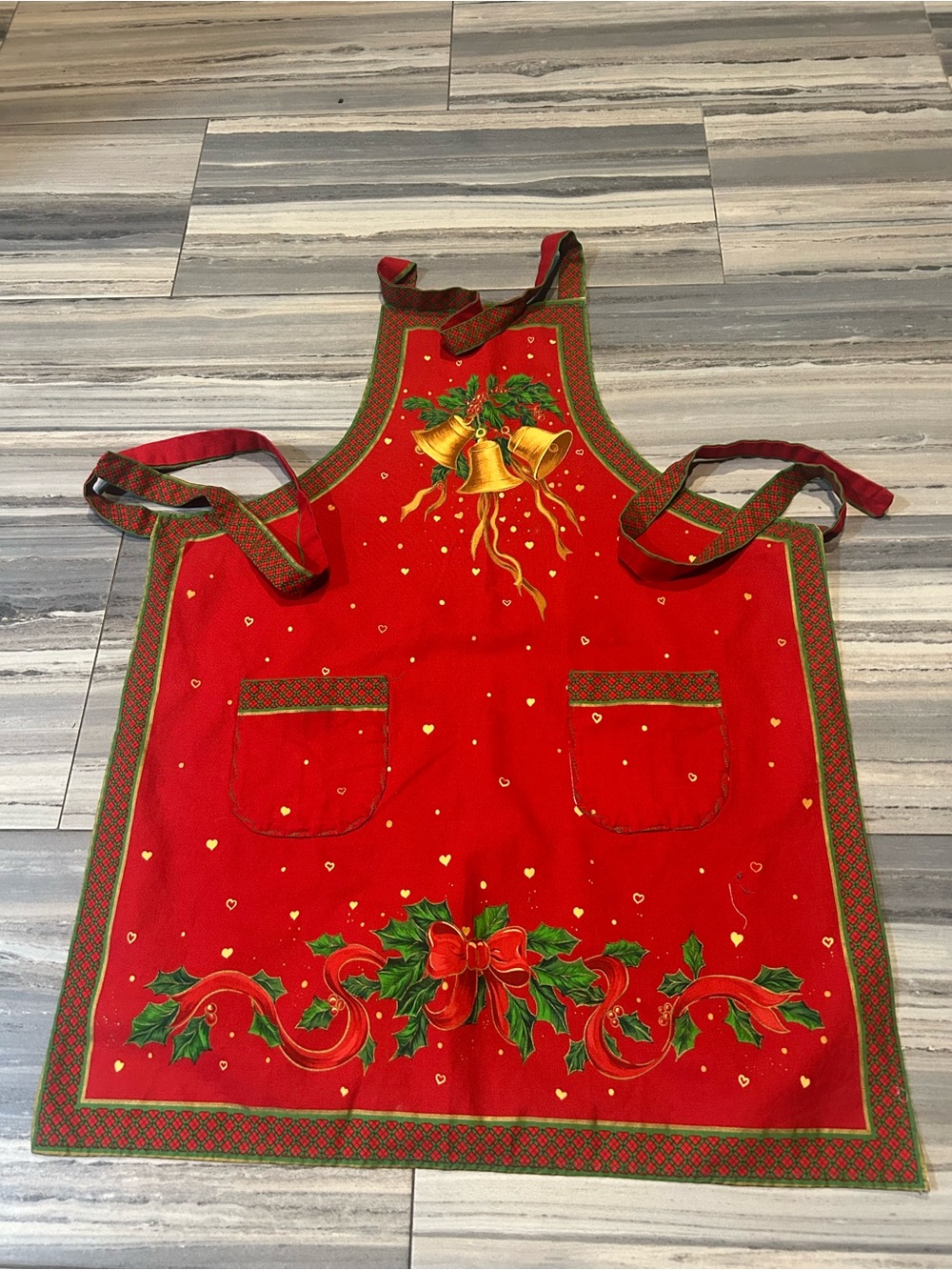 Red Holiday Apron with Gold Bells and Holly